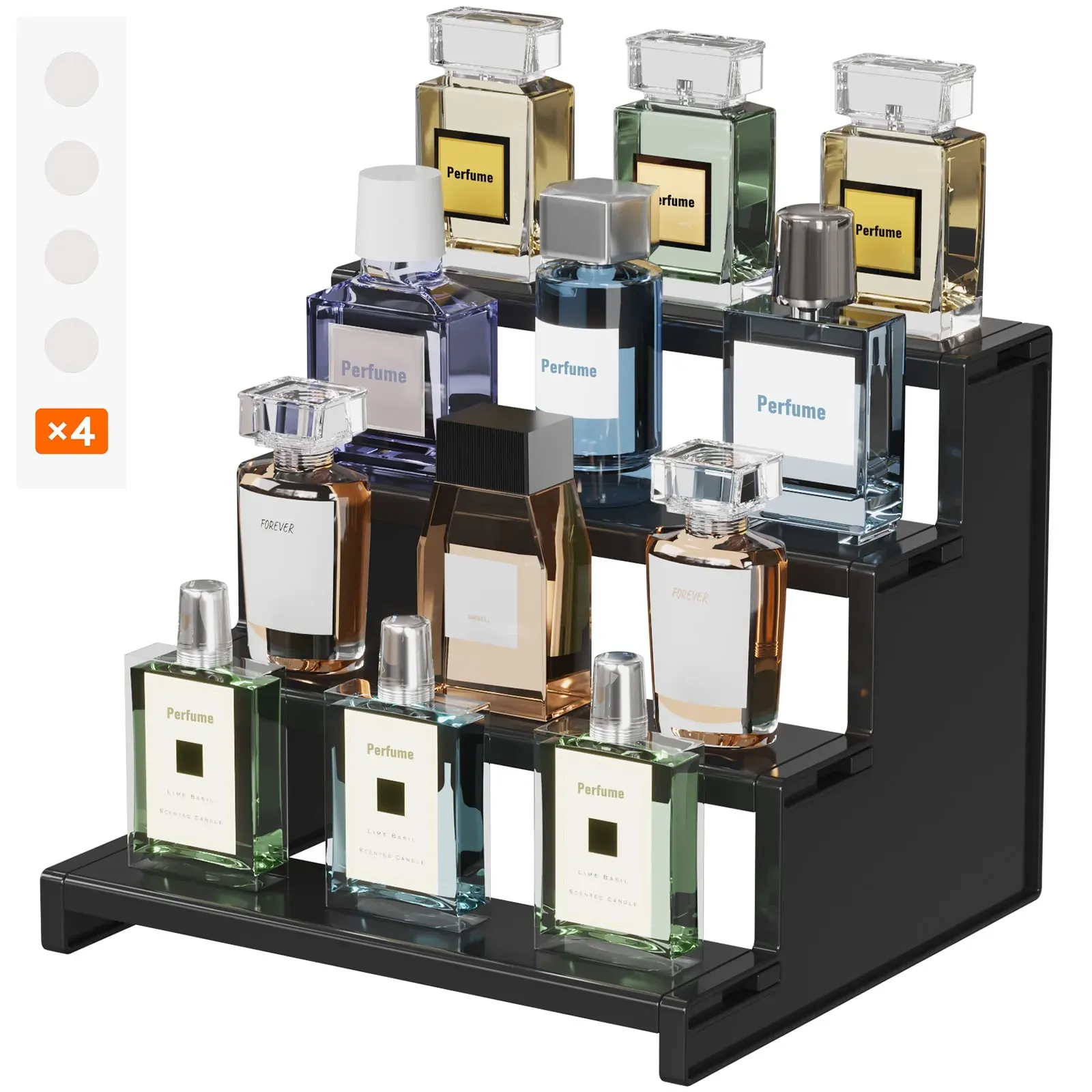 4-Tier Black Cologne Organizer Stand with Anti-Slip Pads (3-Pack)