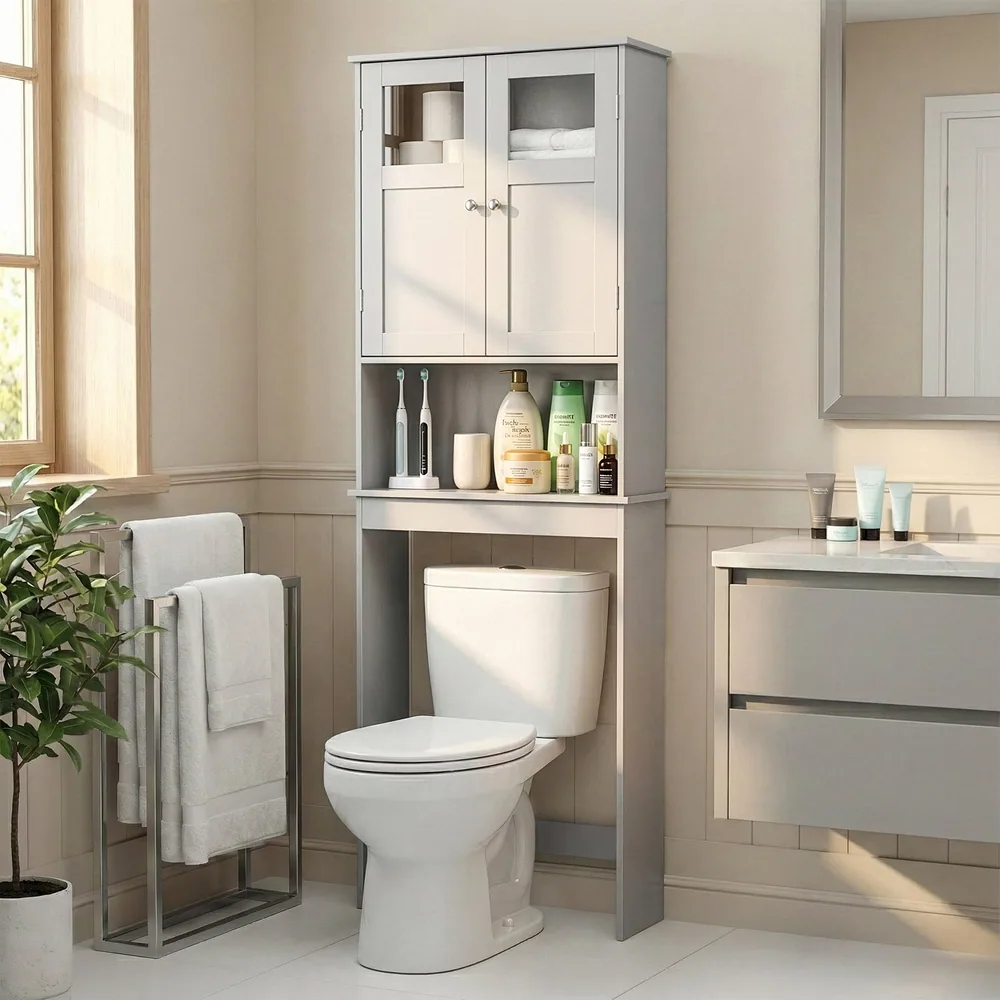 Over the Toilet Bathroom Storage Cabinet with 2 Doors & 3 Shelves Space Saver, Gray